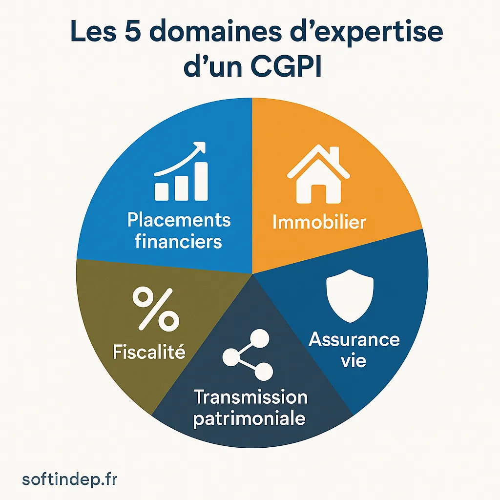 les 5 domaines d’expertise d’un cgpi Schéma des compétences clés d’un conseiller en gestion de patrimoine indépendant