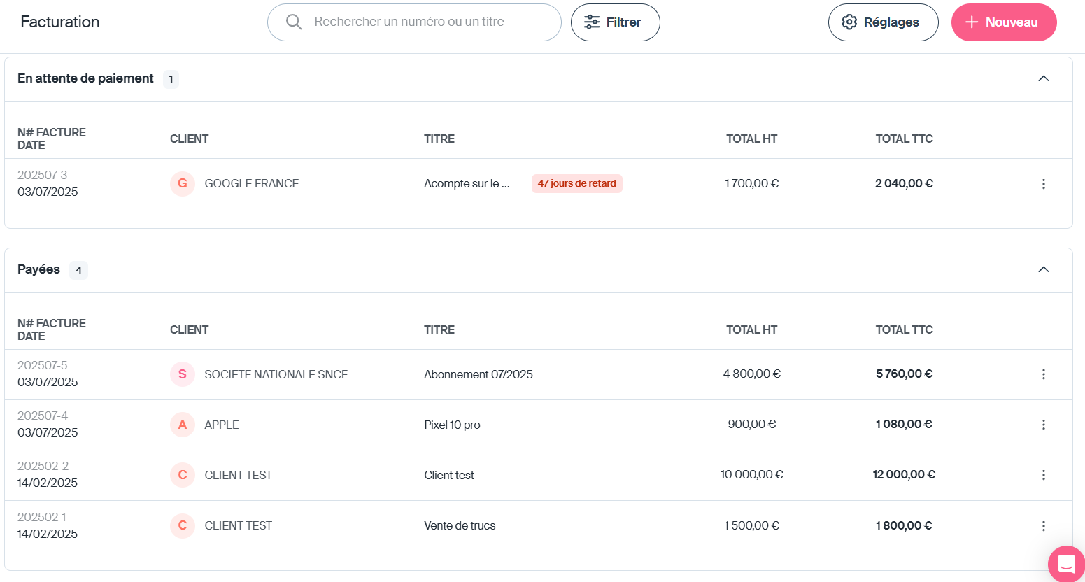 indy dashboard facture