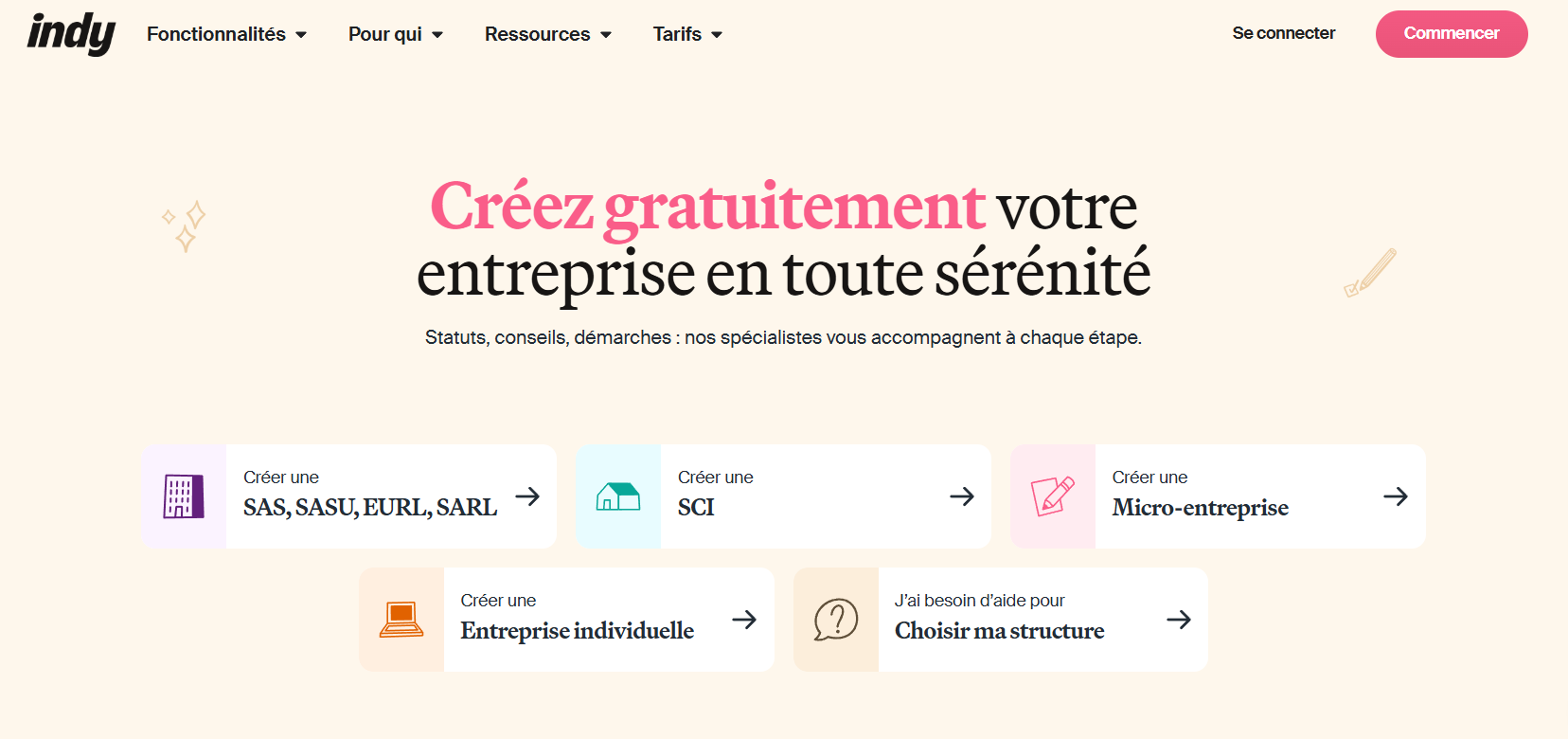 page accueil indy creation entreprise