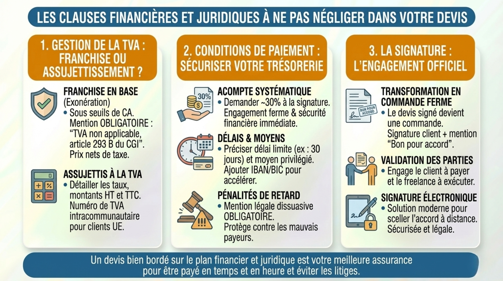 infographie freelance devis les clauses financières et juridiques à ne pas négliger