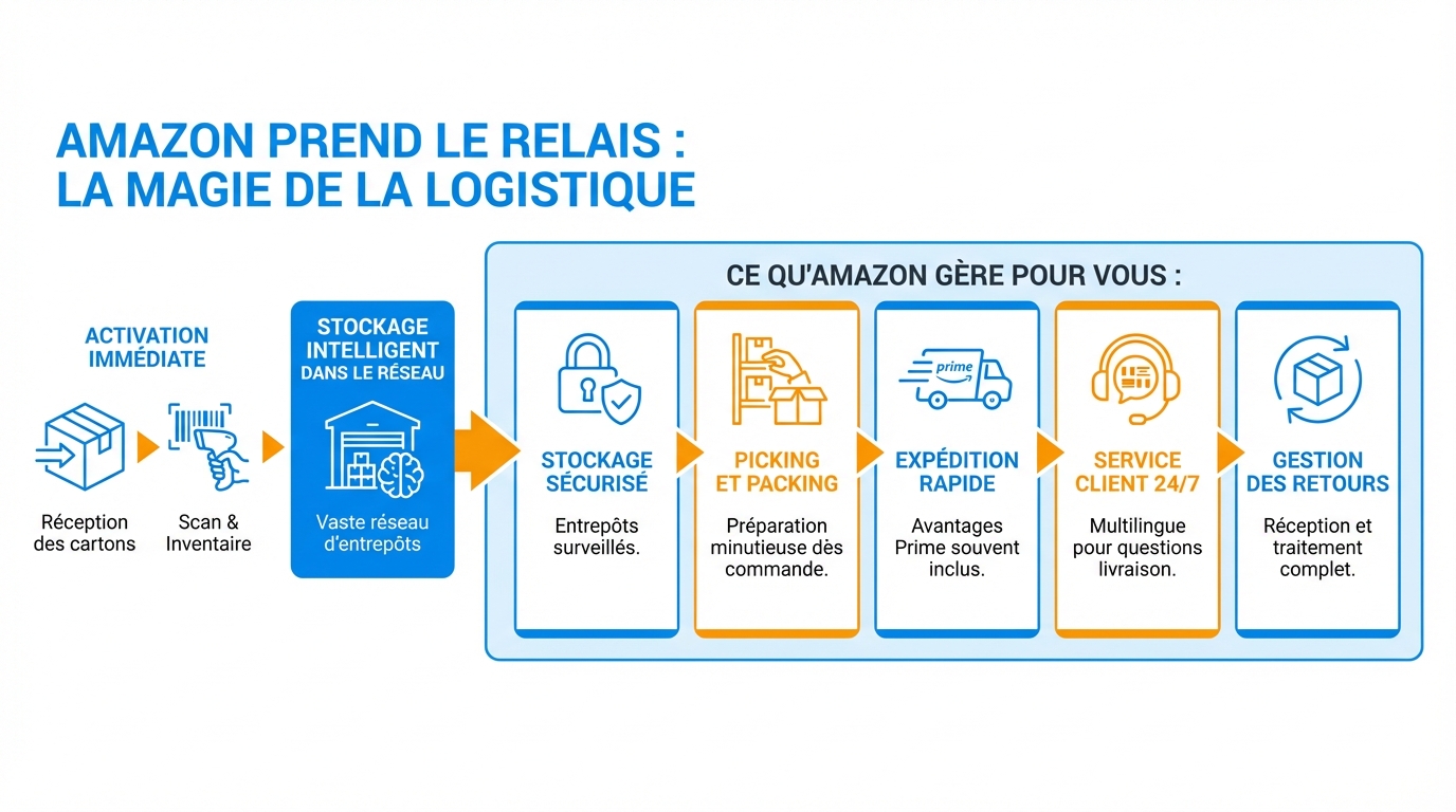 infographie amazon prend le relais la magie de la logistique amazon fba