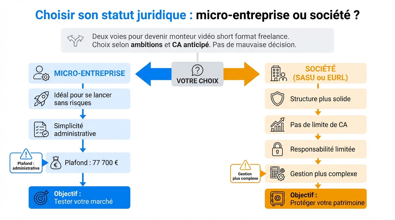 infographie choisir son statut juridique micro entreprise ou societe monteur video short format freelance