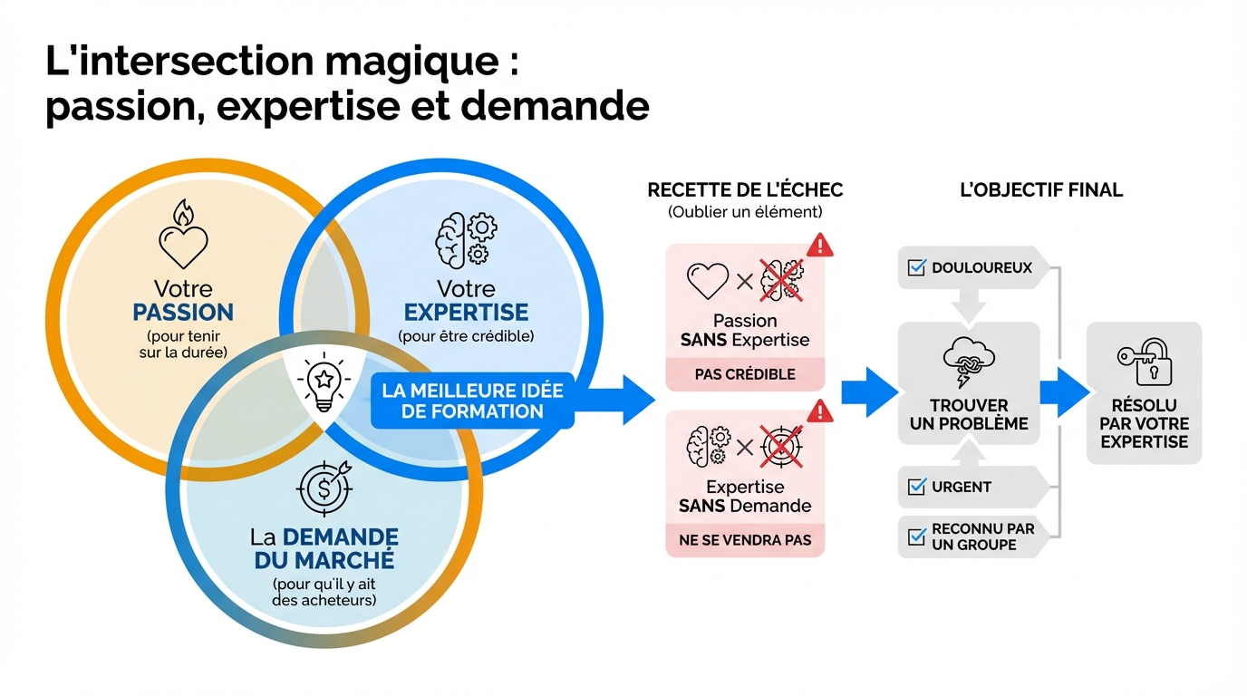 infographie l intersection magique passion expertise et demande vendre formations en ligne