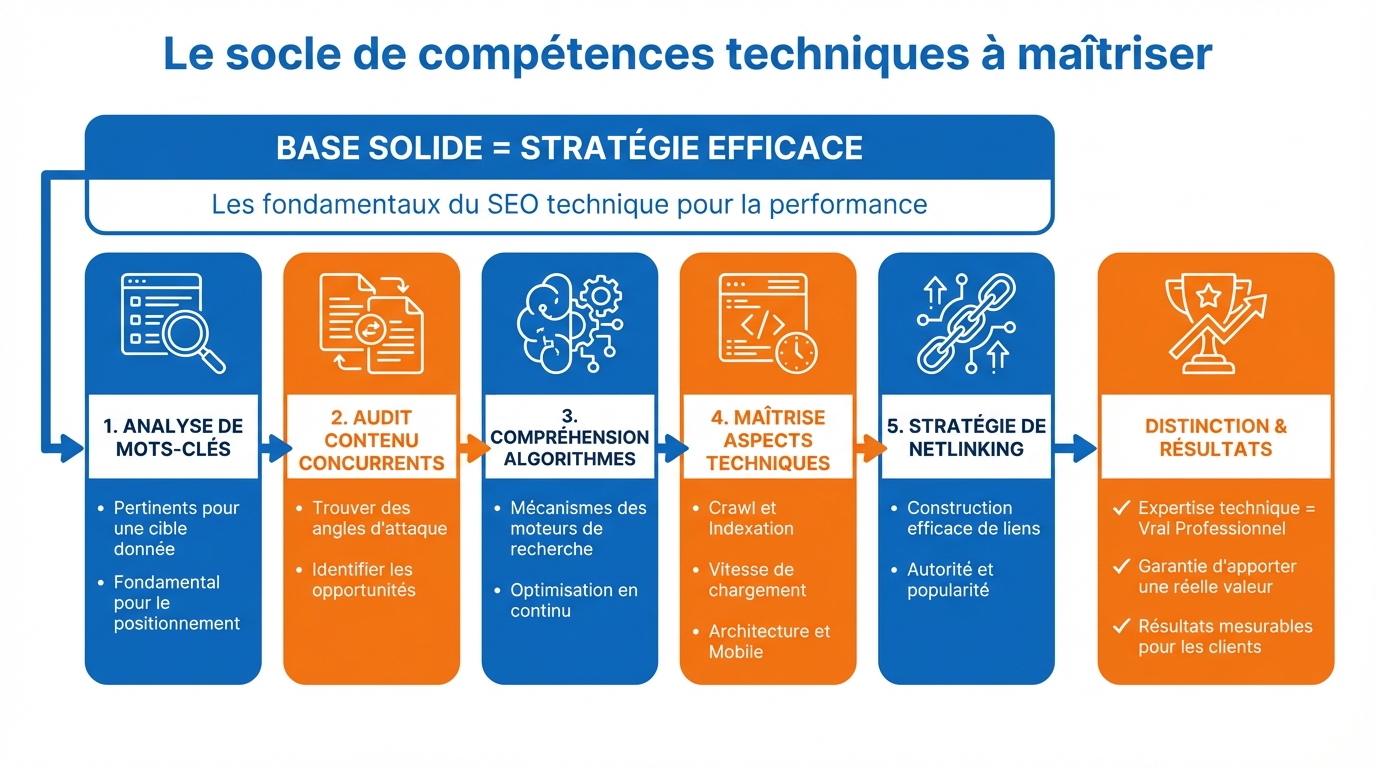 infographie le socle de competences techniques a maitriser devenir consultant seo freelance