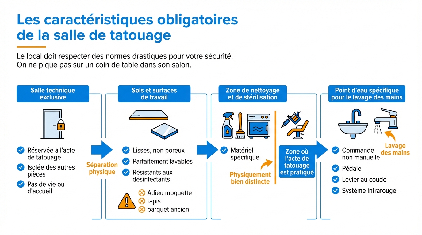 infographie les caracteristiques obligatoires de la salle de tatouage devenir tatoueur independant