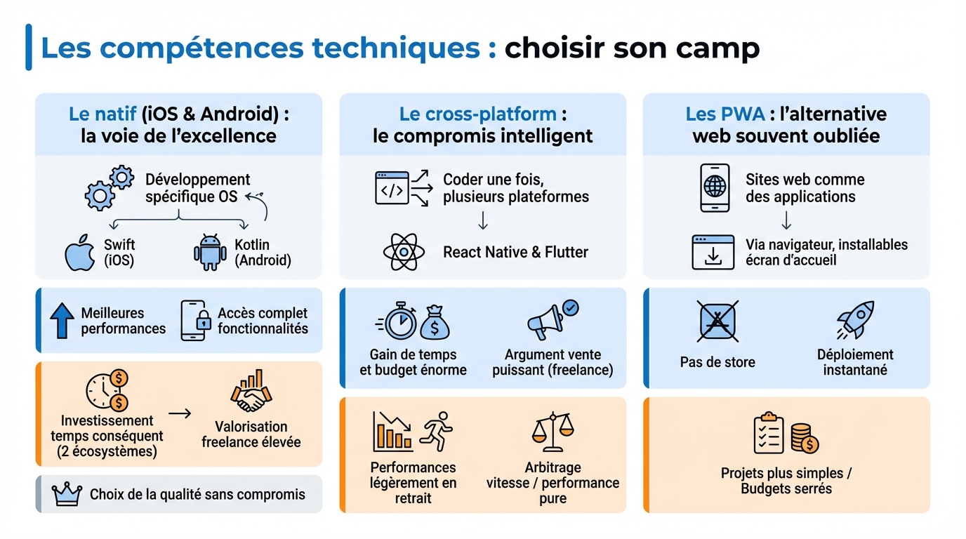 infographie les competences techniques choisir son camp devenir developpeur mobile freelance