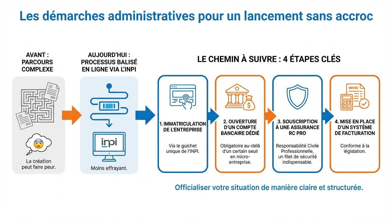 infographie les demarches administratives pour un lancement sans accroc consultant media buyer freelance
