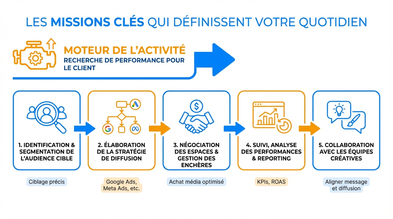 infographie les missions cles qui definissent votre quotidien consultant media buyer freelance