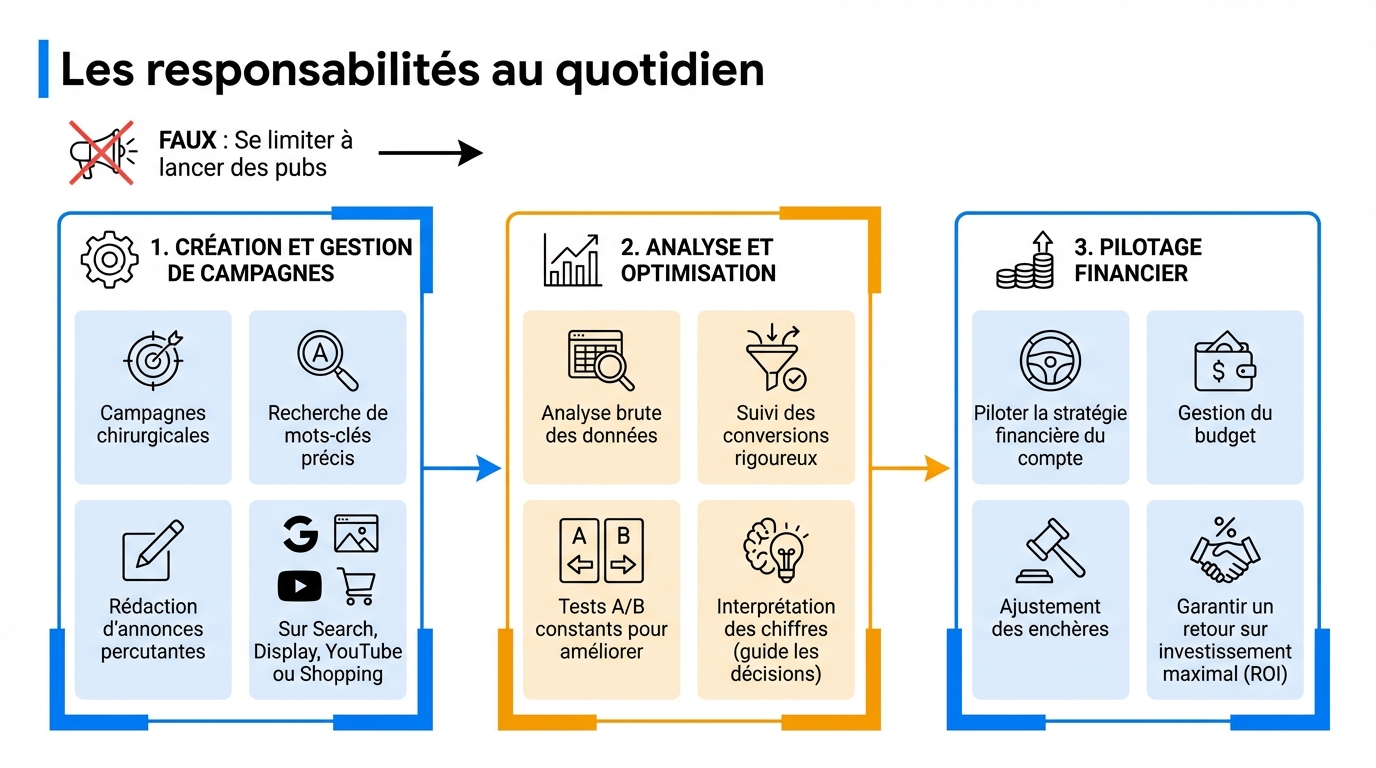 infographie les responsabilites au quotidien consultant google ads freelance