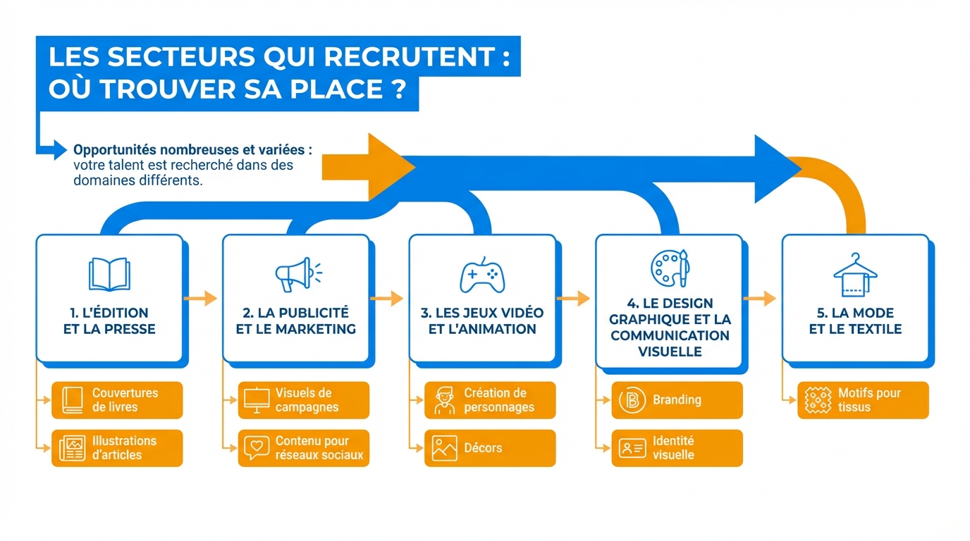 infographie les secteurs qui recrutent ou trouver sa place illustrateur freelance