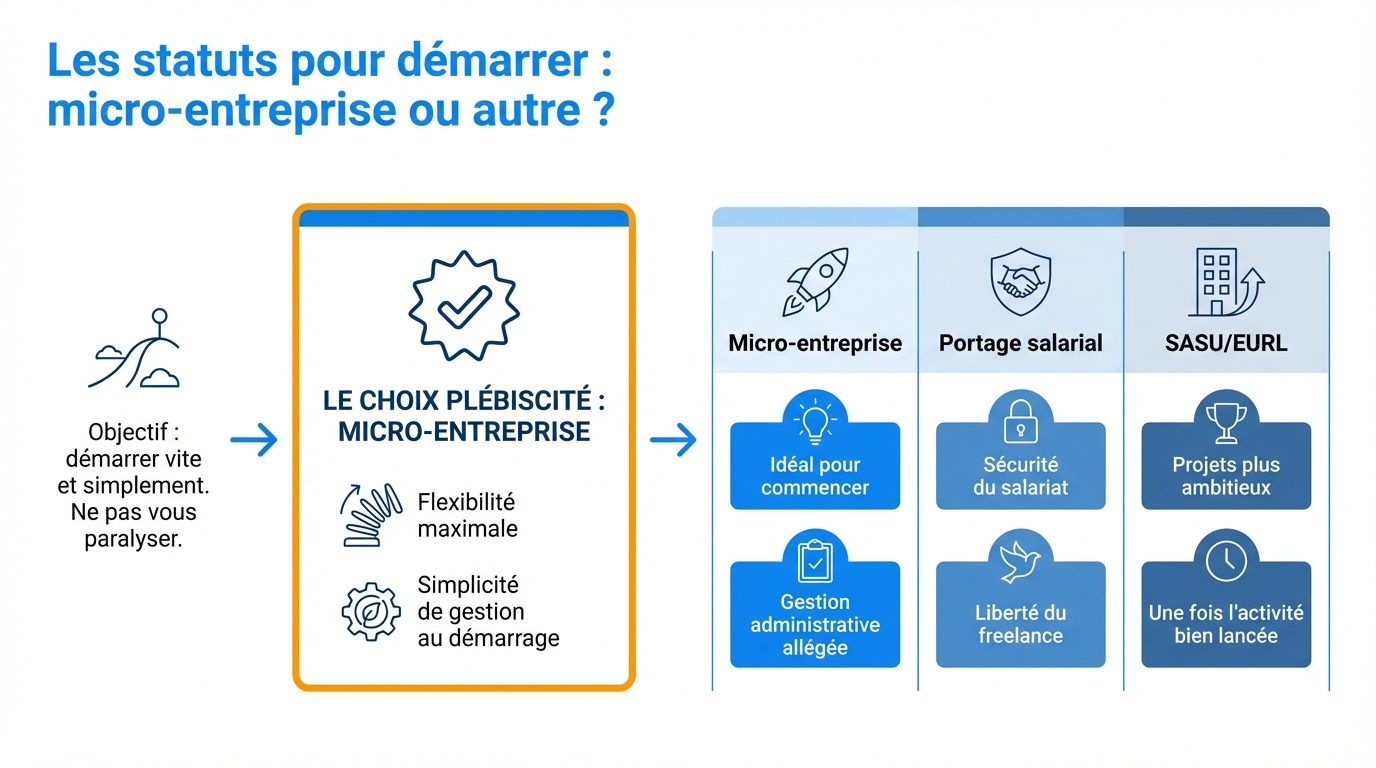 infographie les statuts pour demarrer micro entreprise ou autre testeur qa freelance