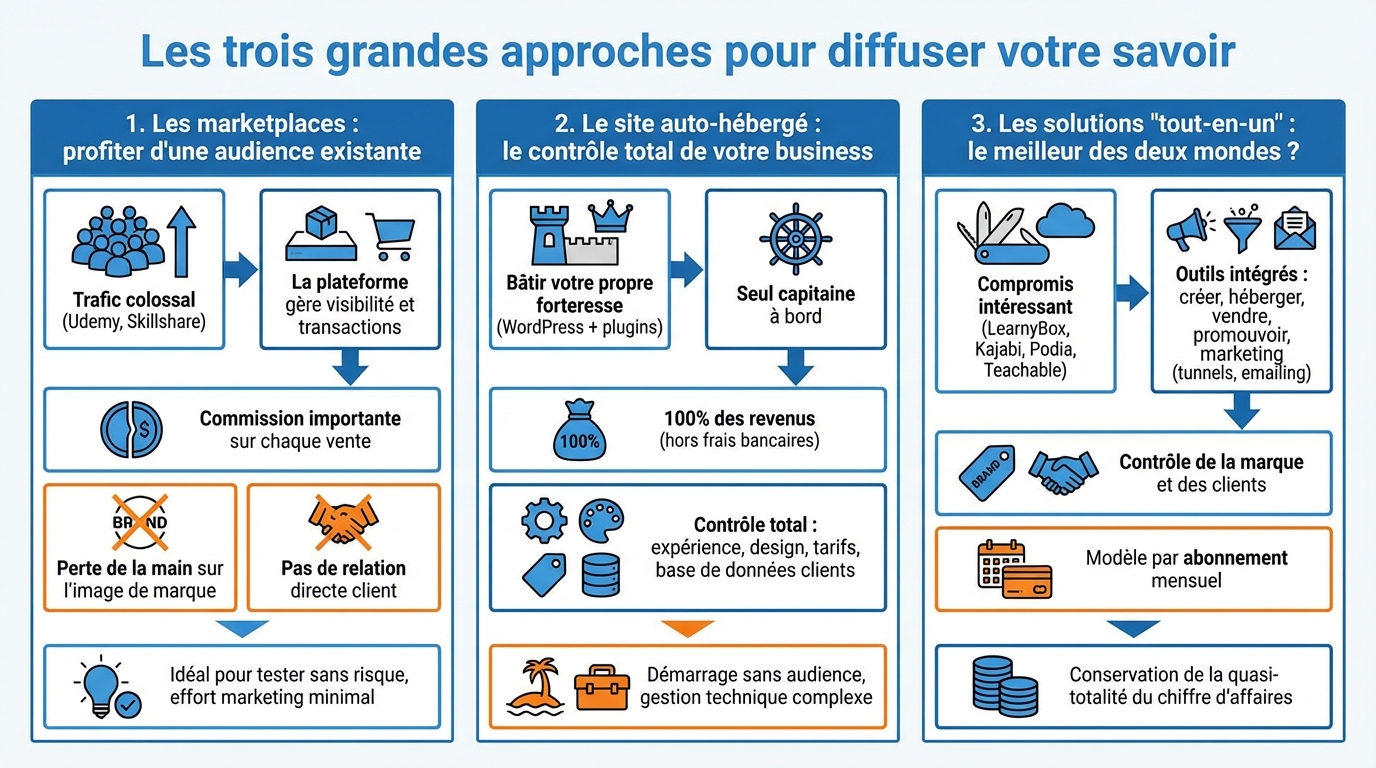 infographie les trois grandes approches pour diffuser votre savoir vendre formations en ligne