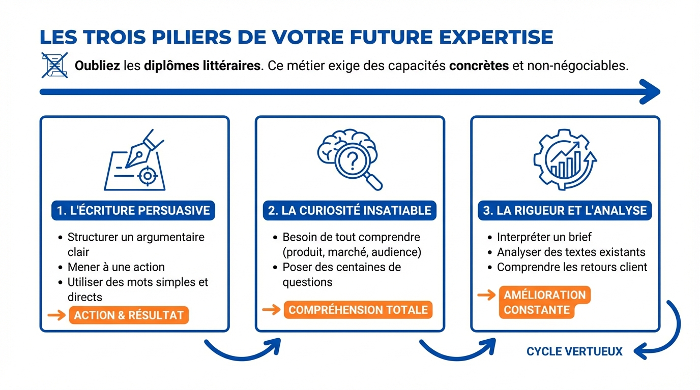 infographie les trois piliers de votre future expertise devenir copywriter freelance
