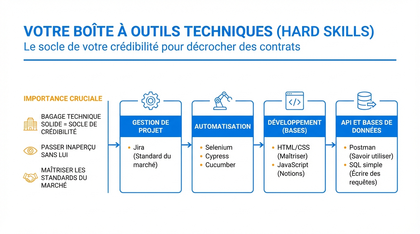 infographie votre boite a outils techniques hard skills testeur qa freelance