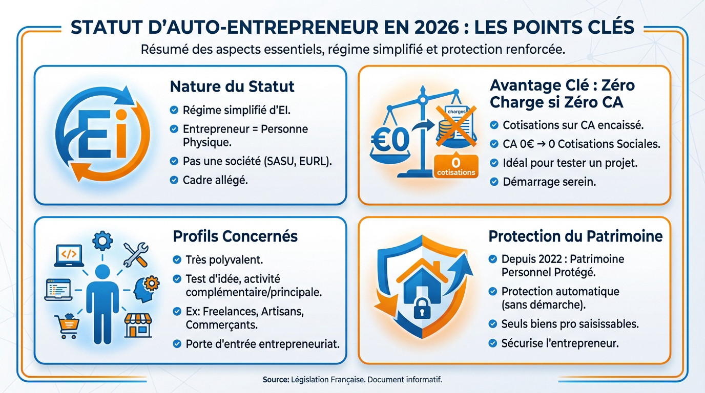 Infographie sur le statut d'auto-entrepreneur en 2026, détaillant la nature, les avantages, les profils et la protection du patrimoine.