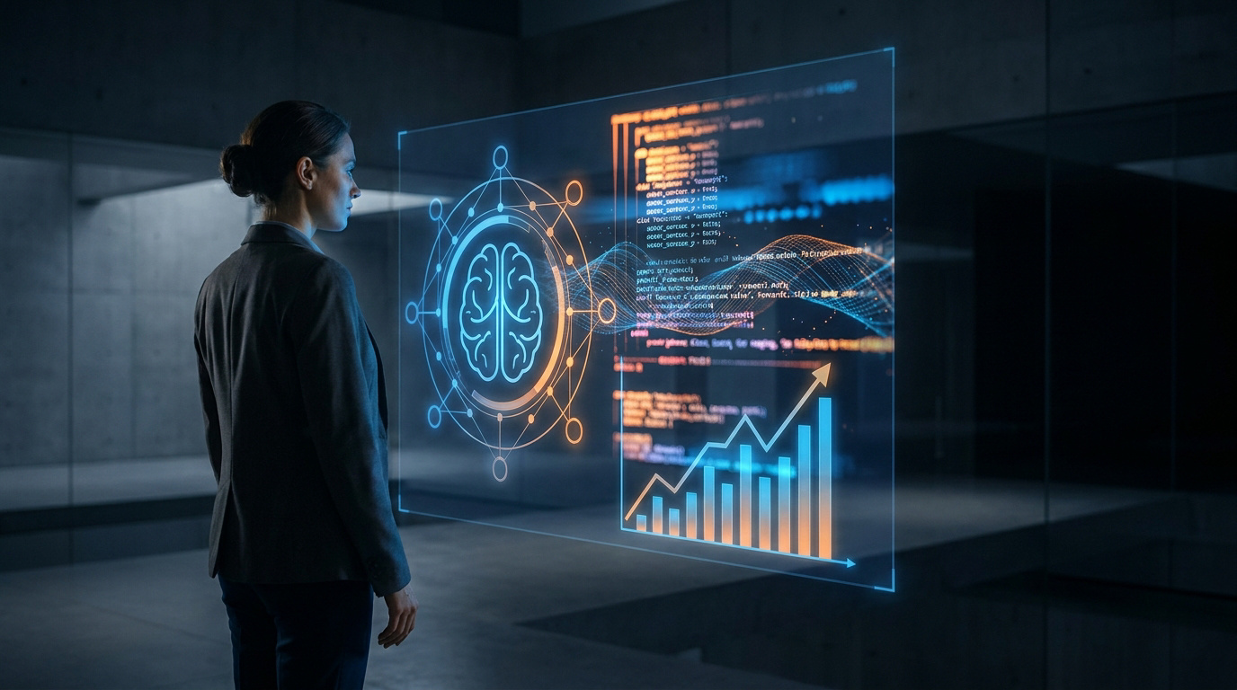 Femme d'affaires face à un écran holographique affichant cerveau IA, code, et graphiques de croissance. Symbolise actifs immatériels.