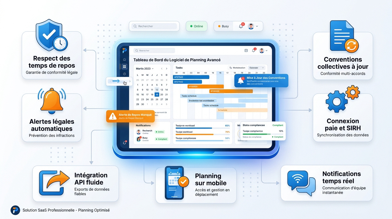 Interface logicielle de gestion de planning affichant la conformité et l'optimisation des ressources