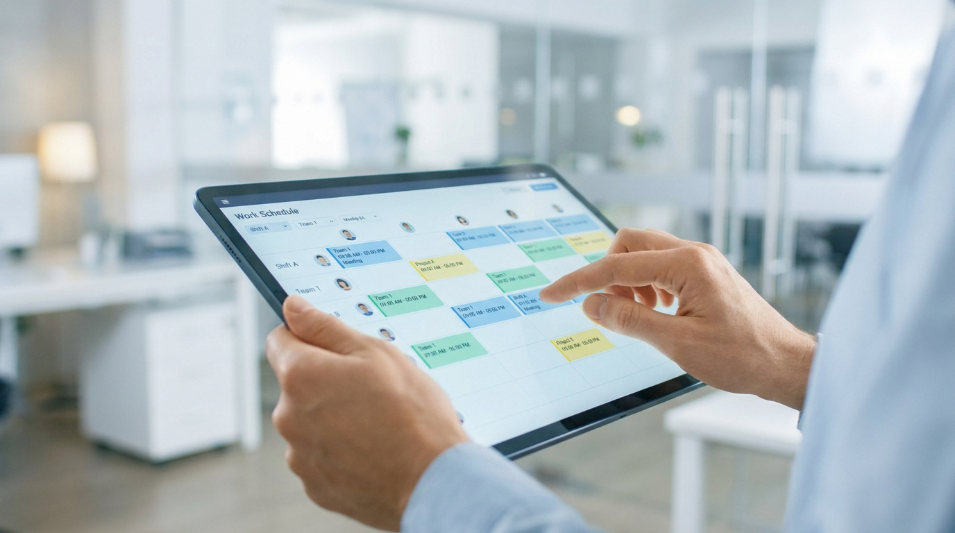 Mains d'une personne interagissant avec une tablette affichant un calendrier de planning de travail, avec des équipes et des tâches.