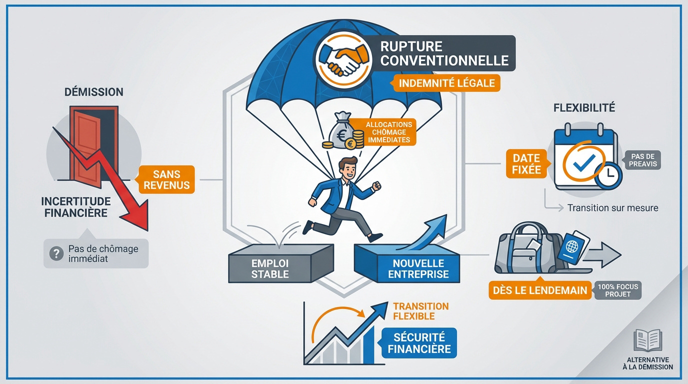 Salarié signant une rupture conventionnelle pour lancer son projet entrepreneurial en toute sécurité