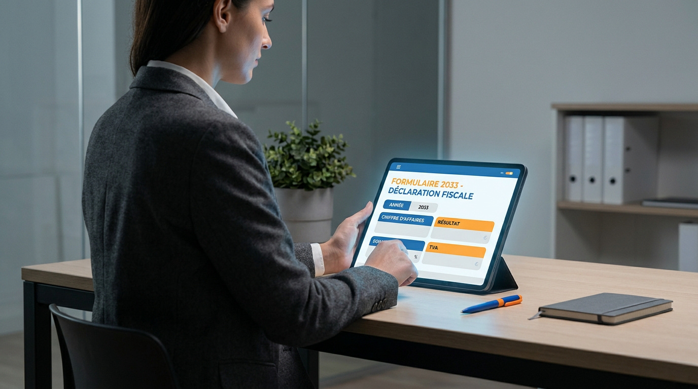 Femme en costume interagissant avec un formulaire fiscal 2033 numérique sur une tablette, affichant 'Déclaration Fiscale' dans un bureau.
