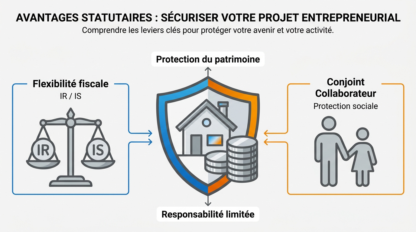 Entrepreneurs discutant des avantages juridiques et de la protection du patrimoine en SARL