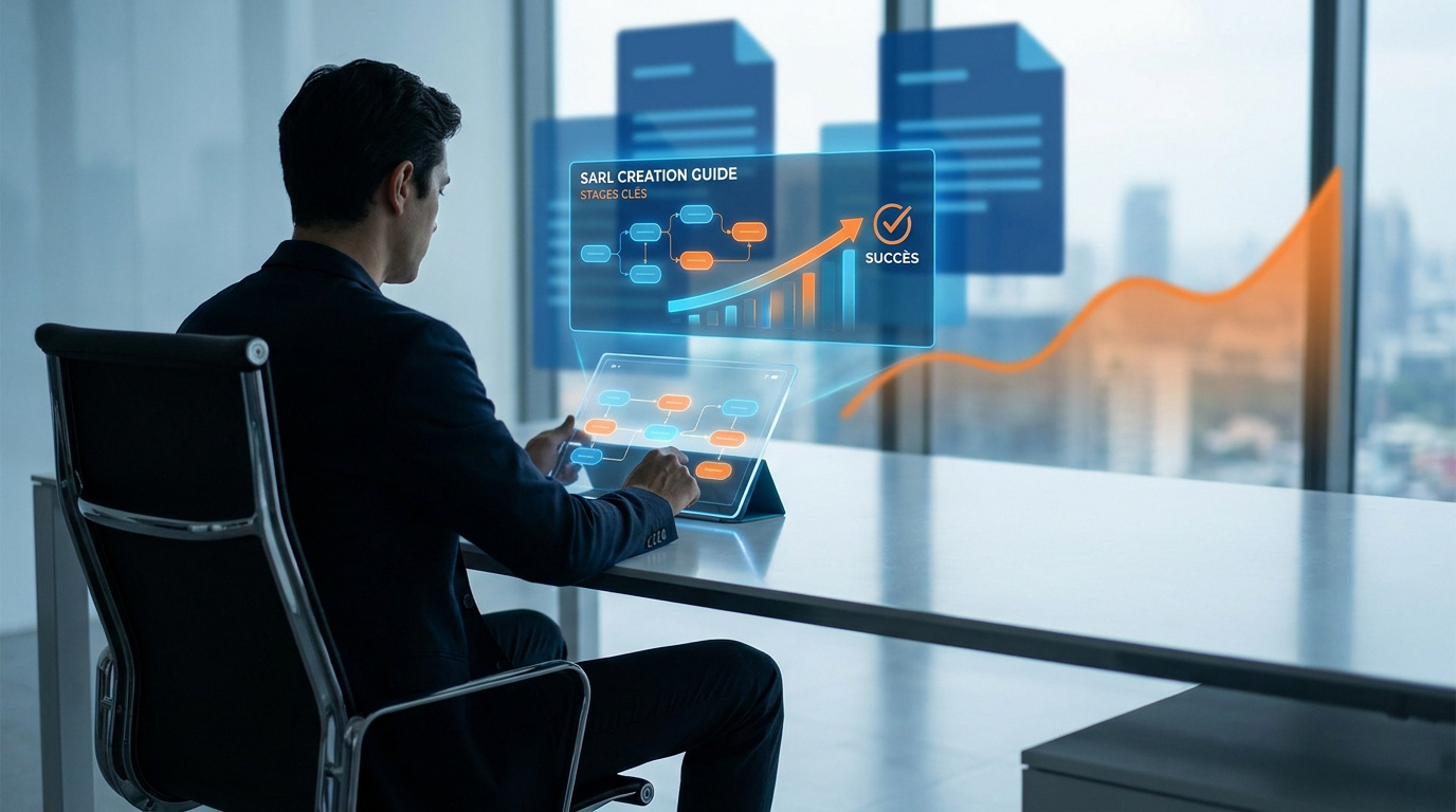 Un entrepreneur consulte une interface holographique montrant les étapes de création d'une SARL et des graphiques de succès.