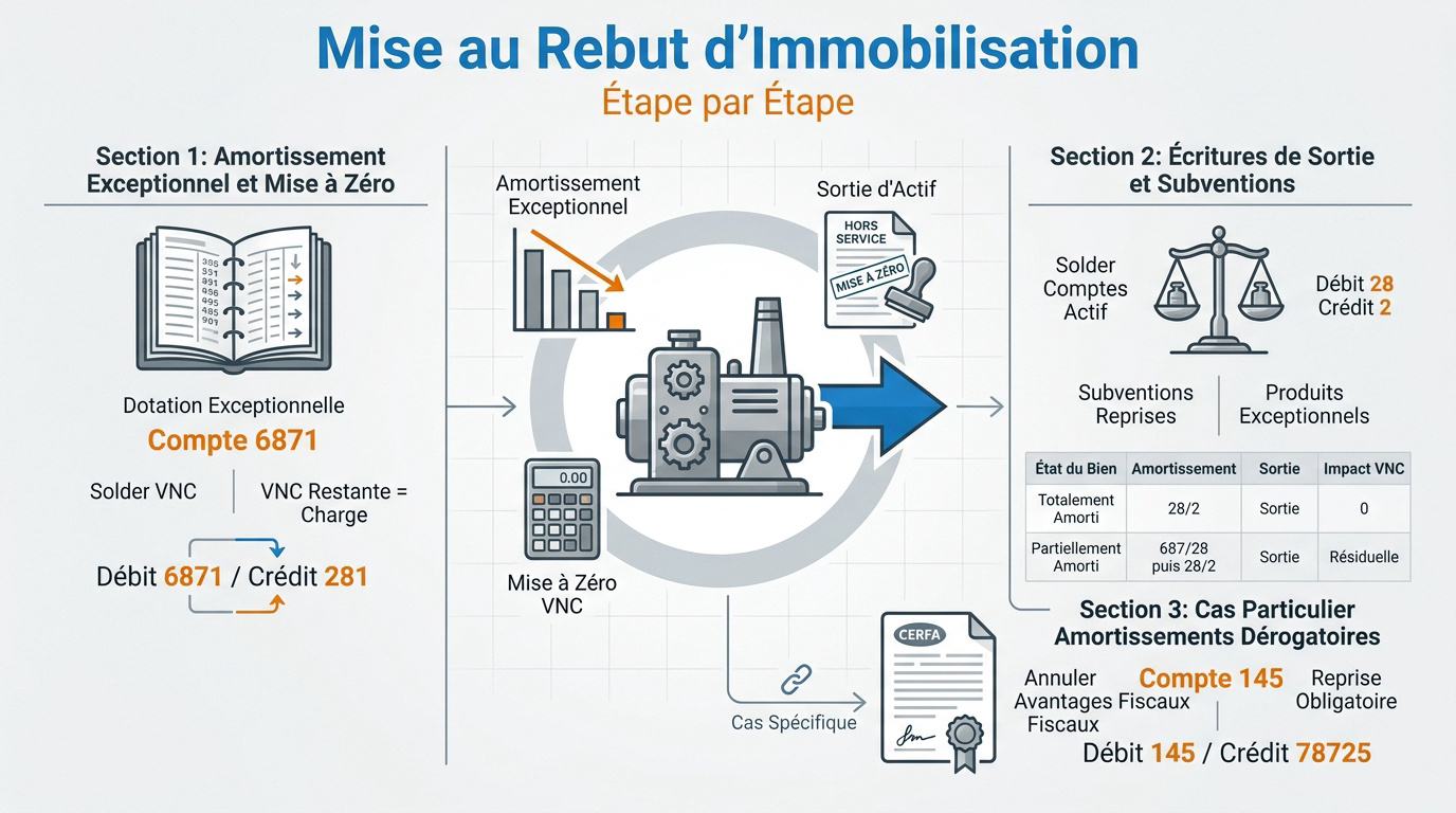 Schéma des étapes comptables pour la mise au rebut d'un actif immobilisé