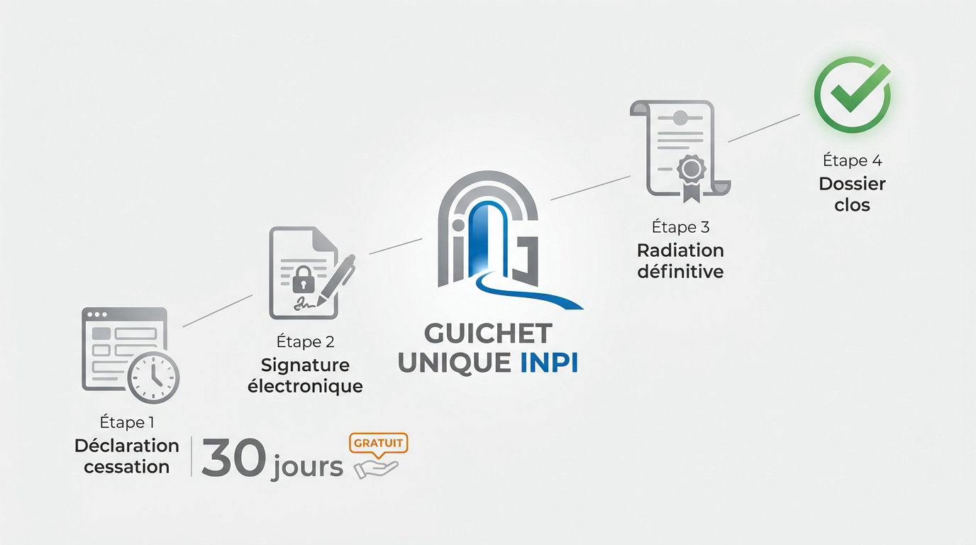Infographie détaillant les 4 étapes de la procédure de cessation d'activité sur le guichet unique de l'INPI