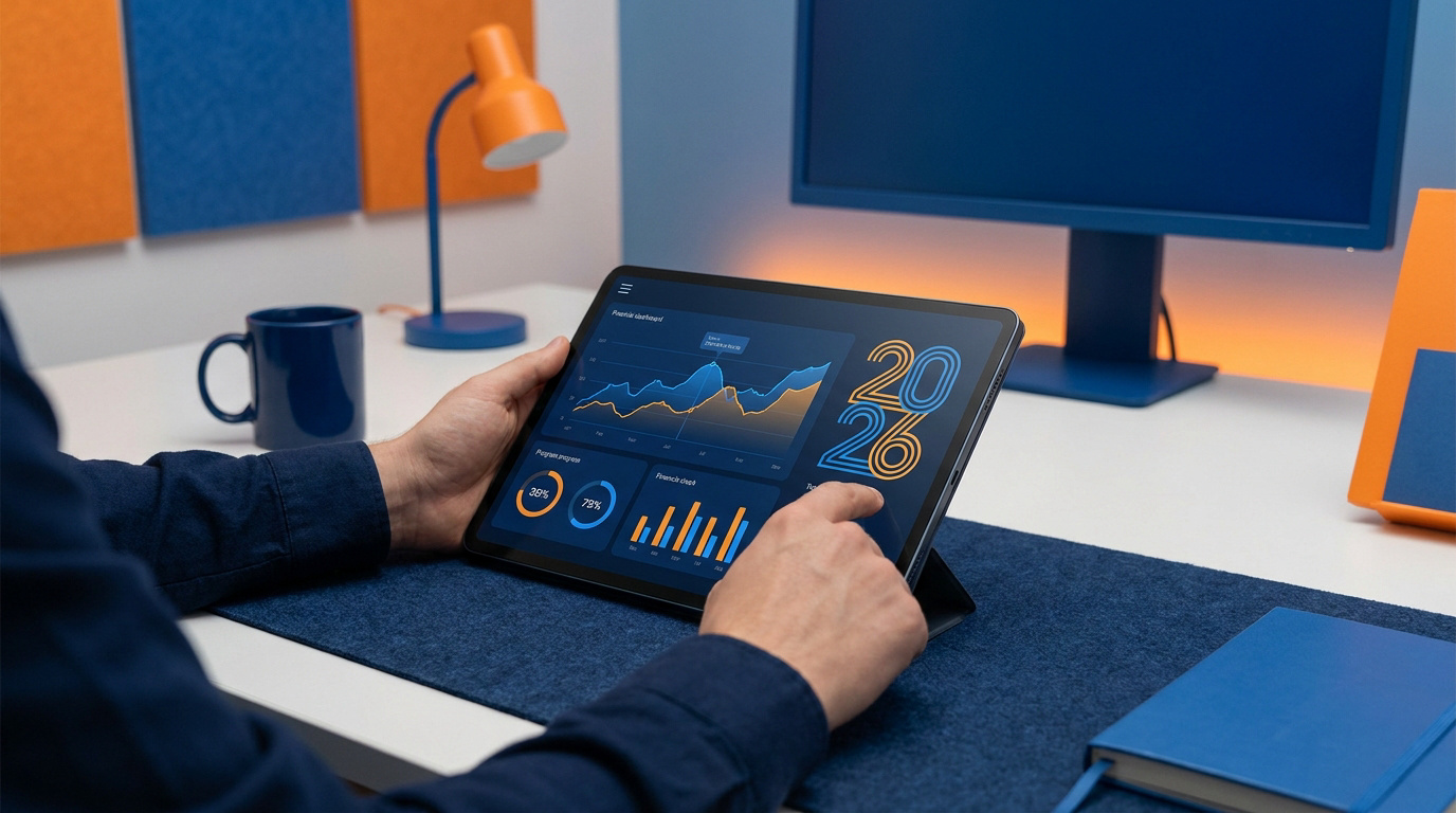 Mains consultant un tableau de bord financier sur tablette pour l'année 2026 dans un bureau moderne.