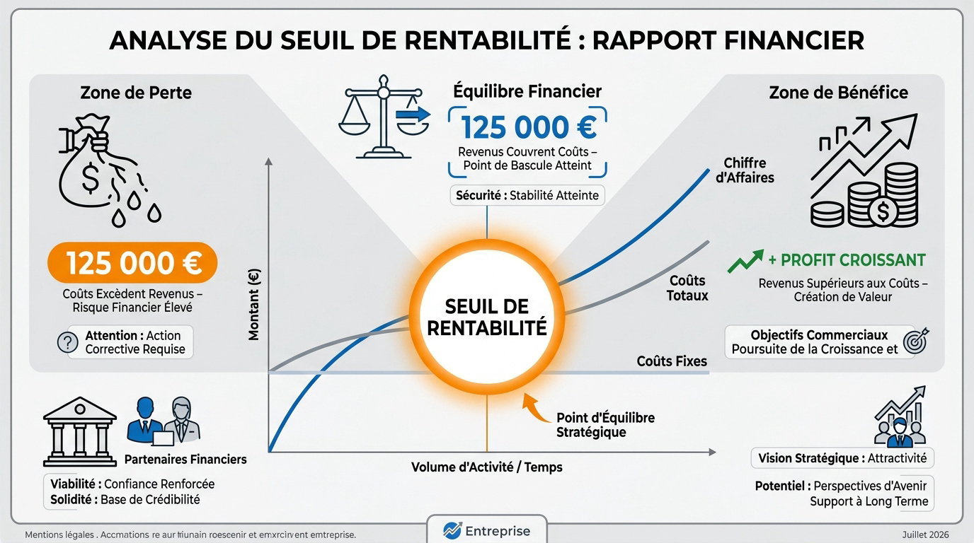 Graphique d'analyse financière montrant le point d'équilibre et le seuil de rentabilité d'une entreprise
