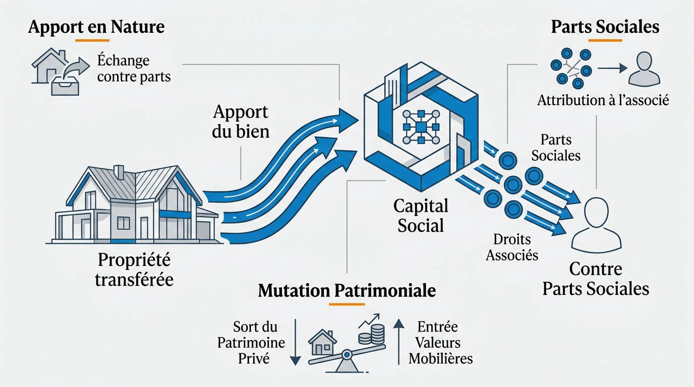 Infographie expliquant le processus d'apport d'un bien immobilier dans une SCI