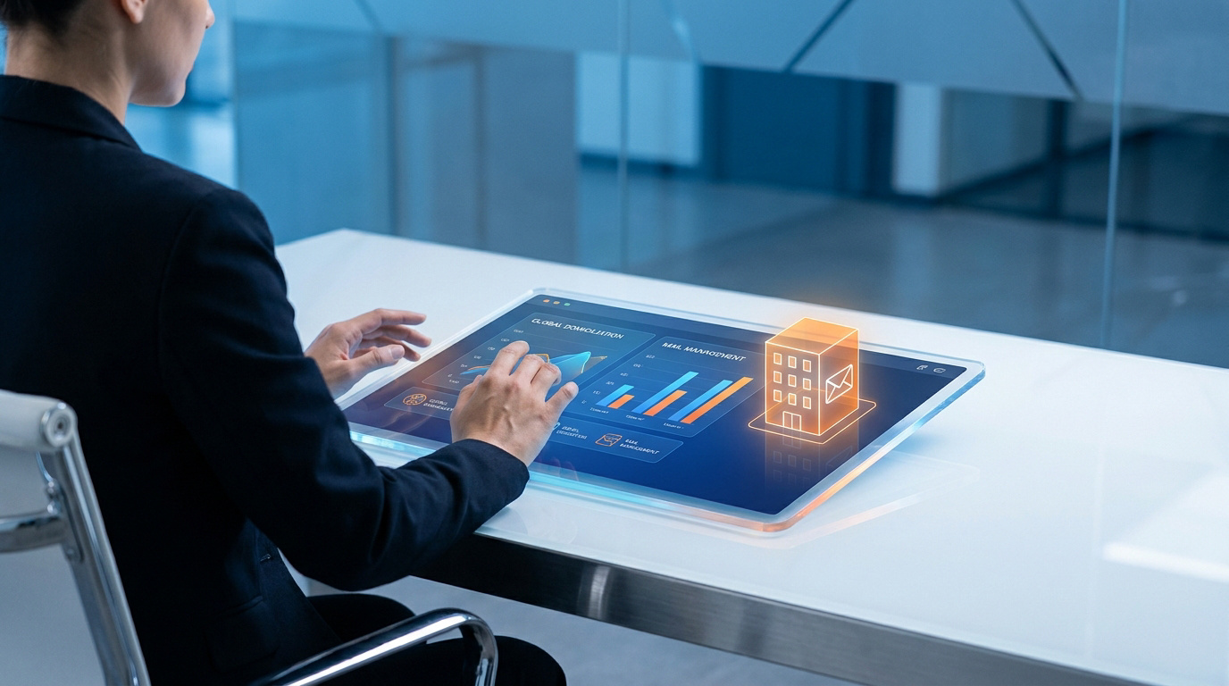 Une professionnelle utilise une interface tactile futuriste pour gérer sa domiciliation d'entreprise et son courrier.