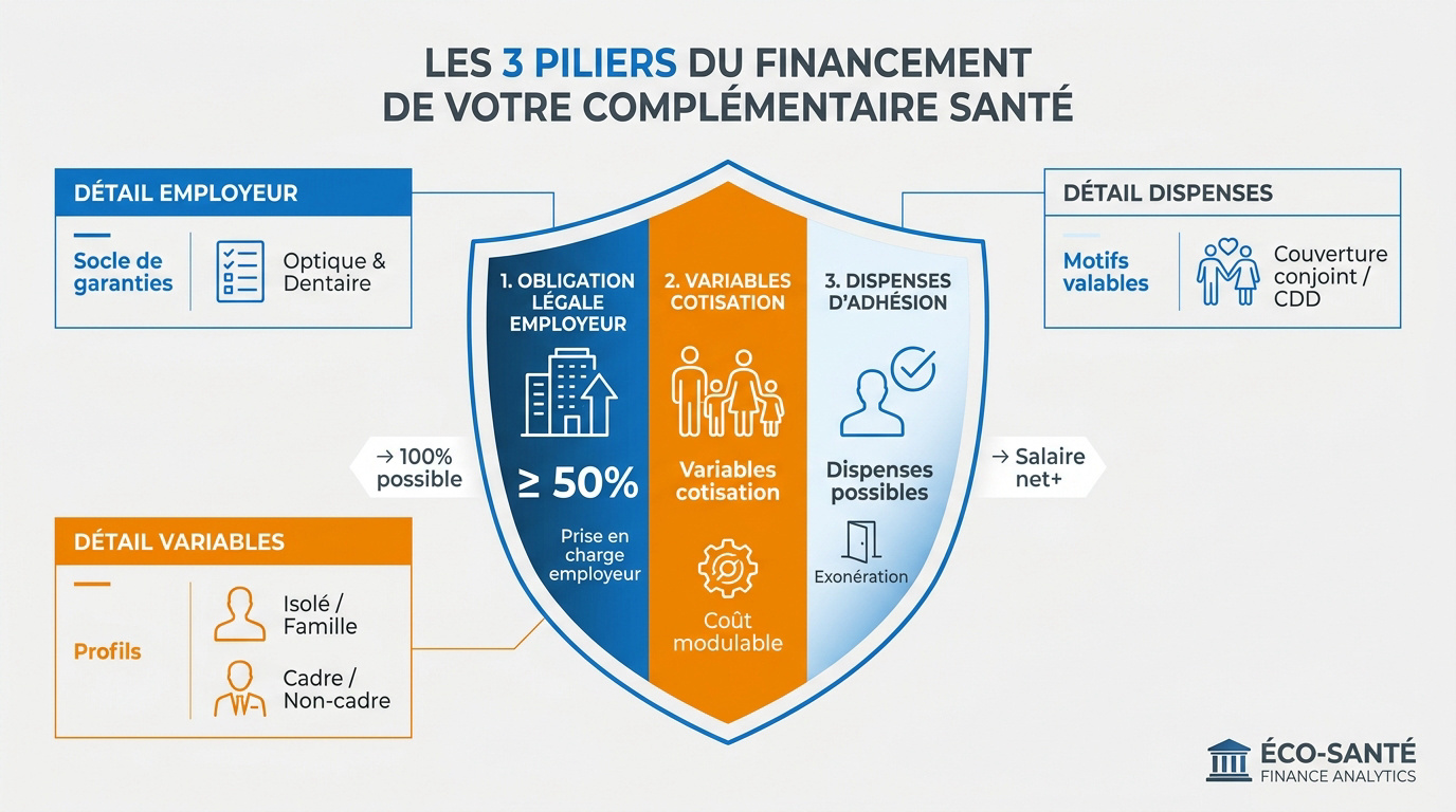 Schéma explicatif du financement de la mutuelle d'entreprise partagé entre employeur et salarié