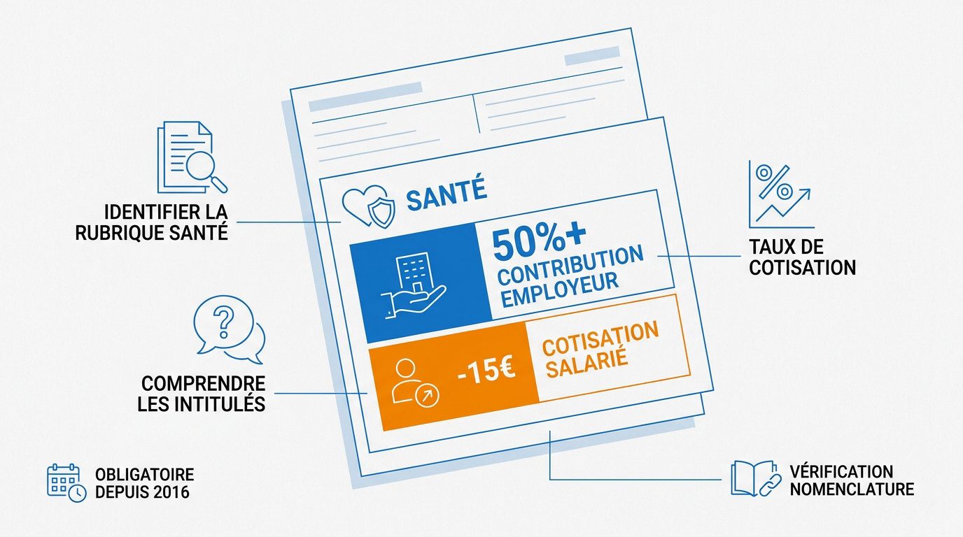 Détail d'une fiche de paie montrant la rubrique santé et mutuelle