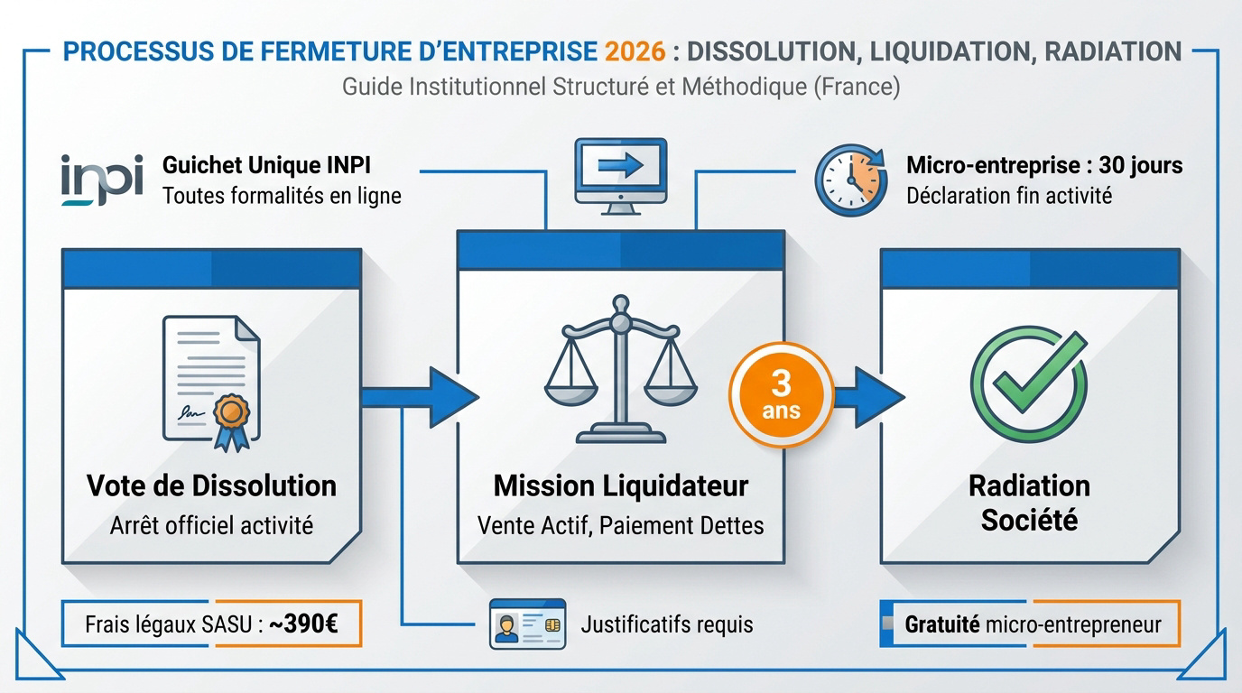 Schéma des étapes de dissolution et liquidation d'une entreprise en 2026