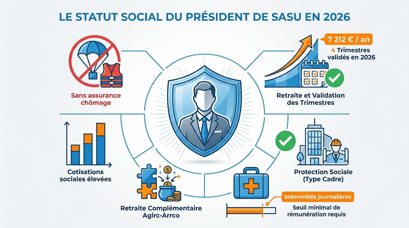 Schéma explicatif du statut social et de la protection du président de SASU en 2026