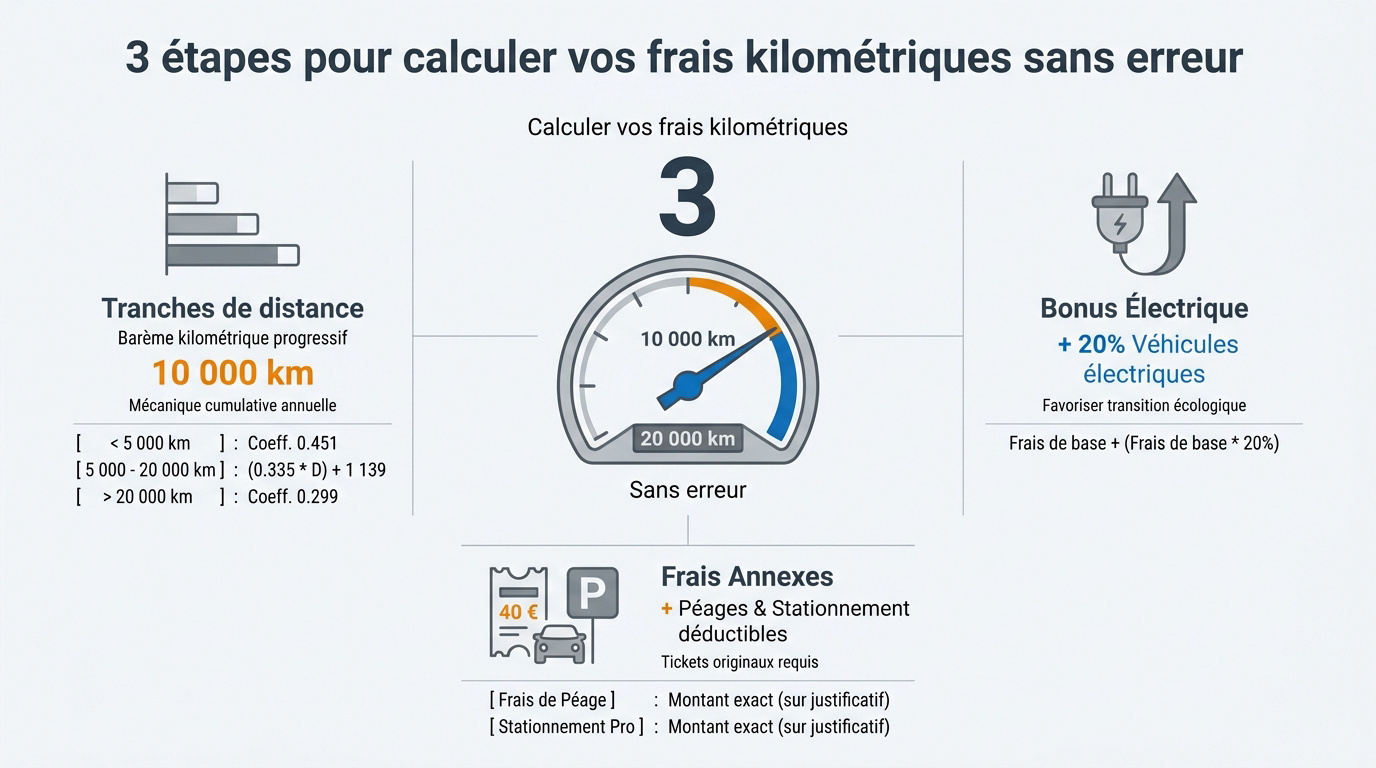 Infographie expliquant les étapes du calcul des indemnités kilométriques en 2026