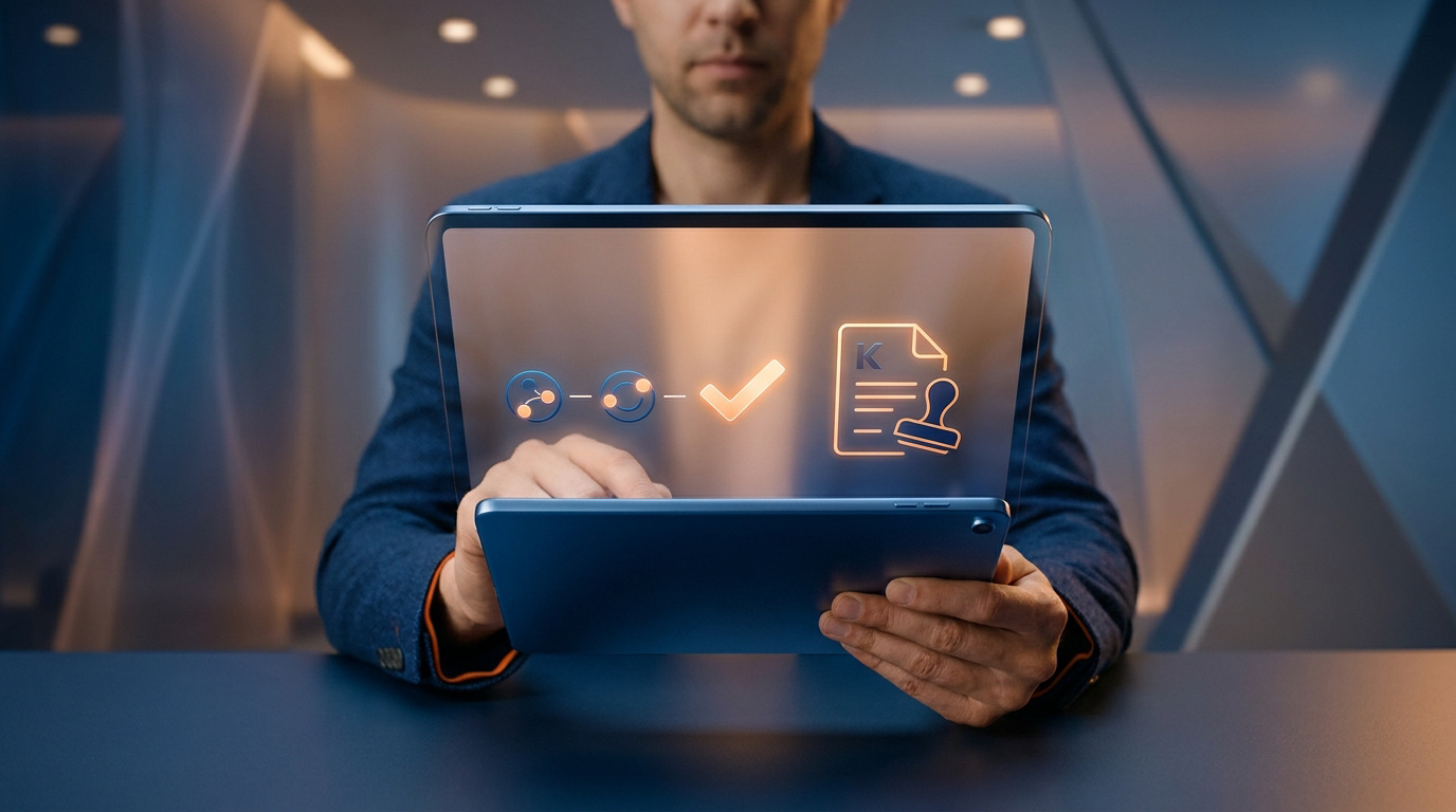 Un entrepreneur utilise une tablette affichant un processus numérique de création d'entreprise avec une icône de document.