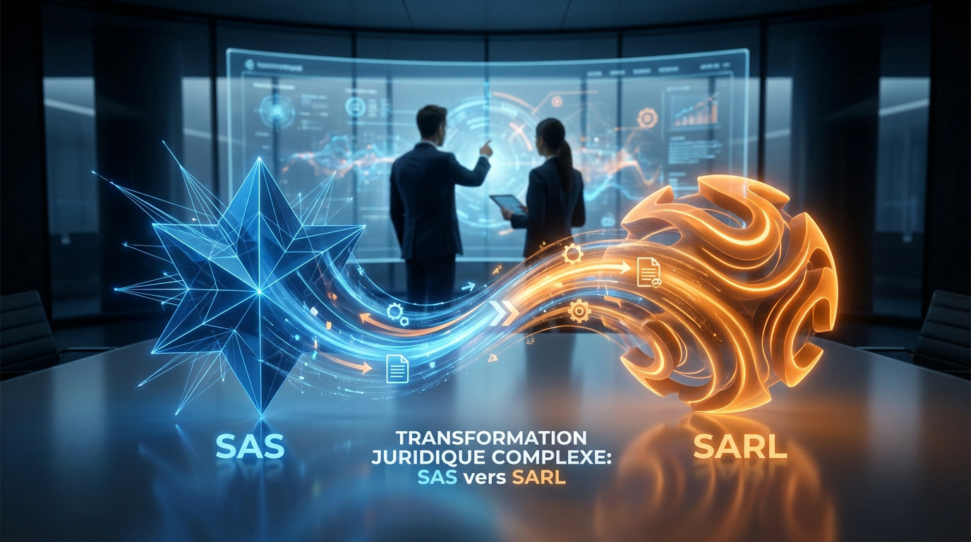Deux formes abstraites lumineuses (bleue pour SAS, orange pour SARL) dans une salle de réunion moderne et technologique.