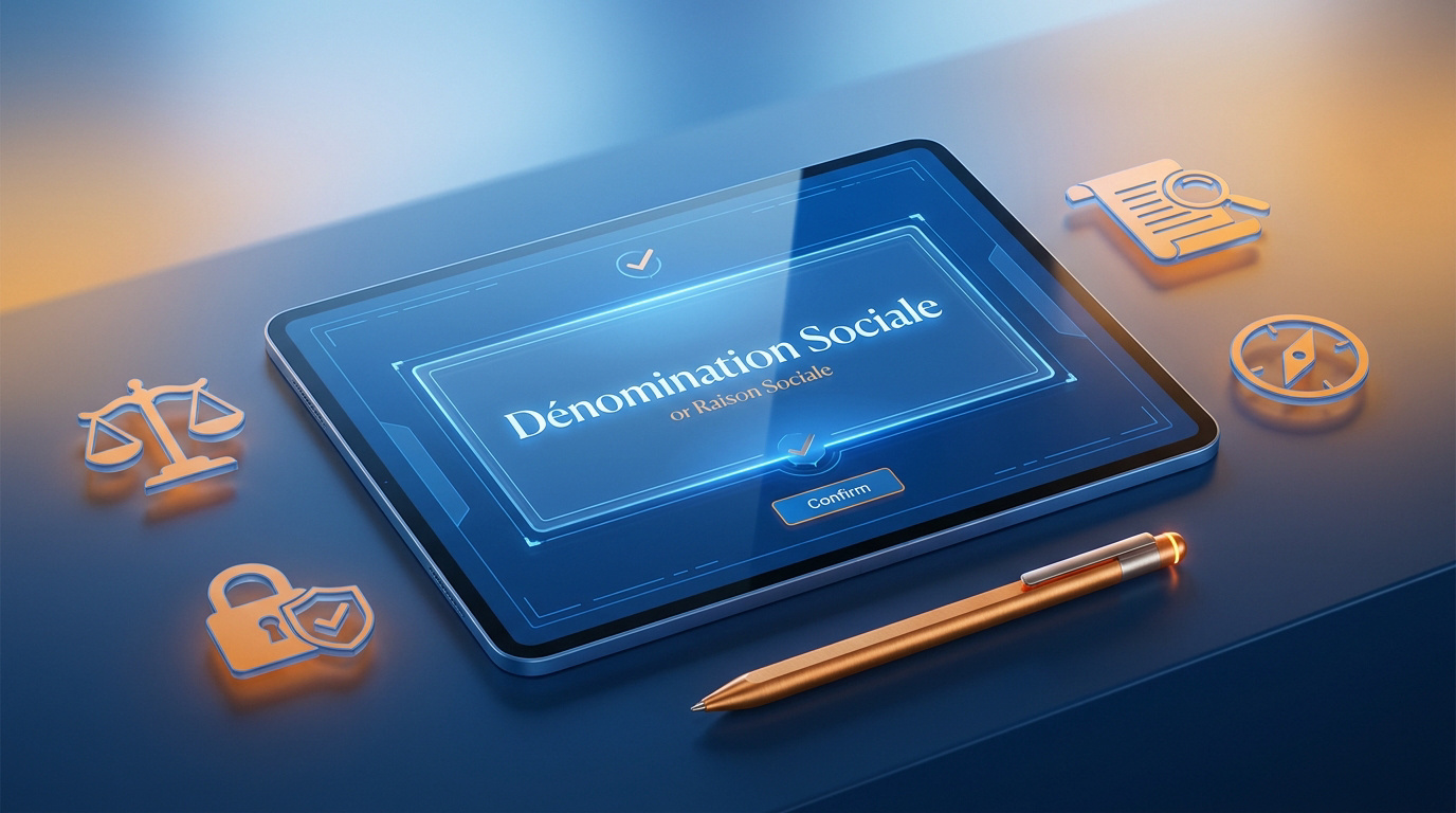 Tablette affichant « Dénomination Sociale » entourée d'icônes juridiques et commerciales sur un bureau bleu moderne.
