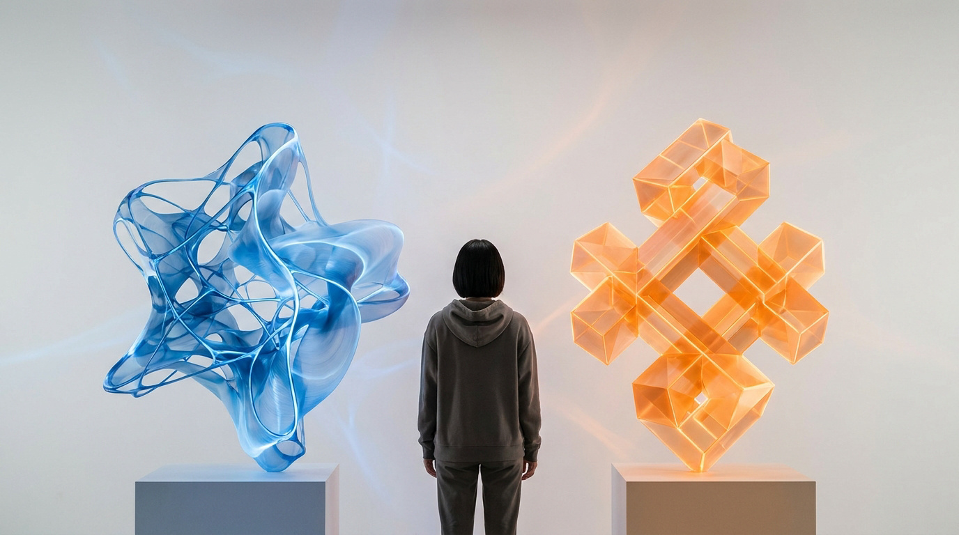 Une personne regarde deux formes abstraites lumineuses, l'une bleue et fluide, l'autre orange et géométrique.