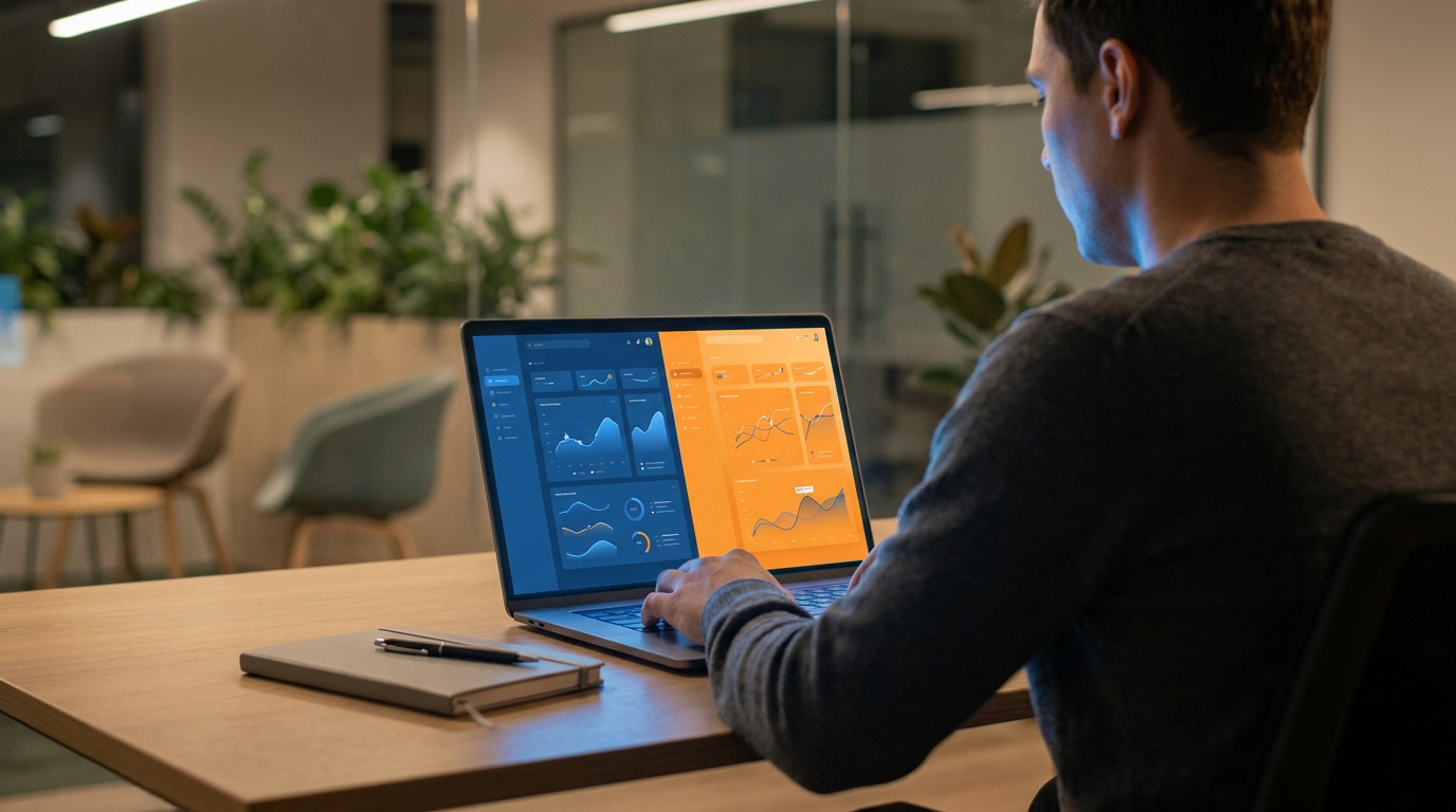 Un homme travaille sur un ordinateur portable affichant des graphiques analytiques dans un bureau moderne.