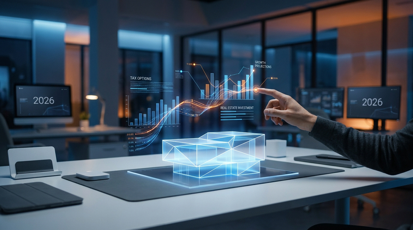Main interagissant avec un hologramme 3D représentant un bâtiment et des graphiques financiers dans un bureau moderne.