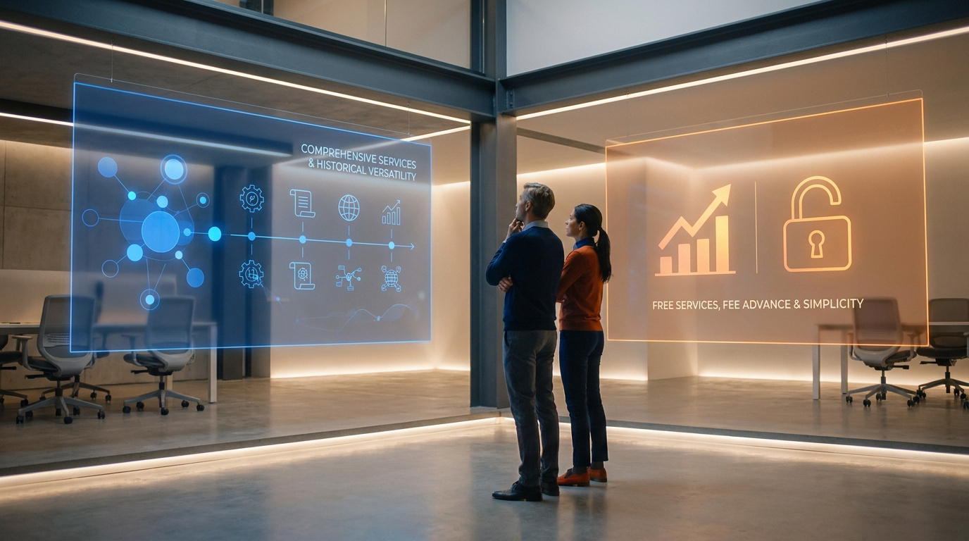 Deux personnes observent des interfaces holographiques futuristes présentant des services juridiques et financiers.