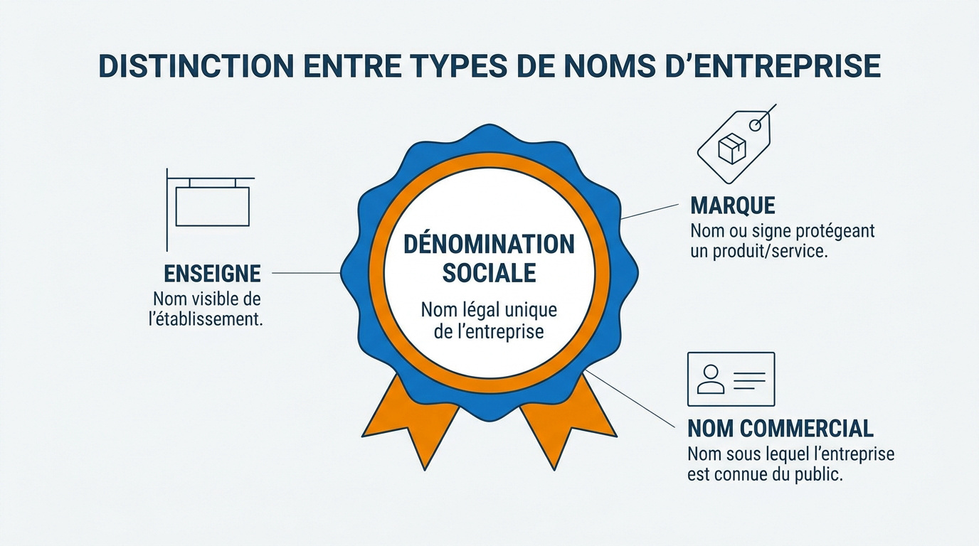 Tableau comparatif entre dénomination sociale, nom commercial, enseigne et marque pour une entreprise