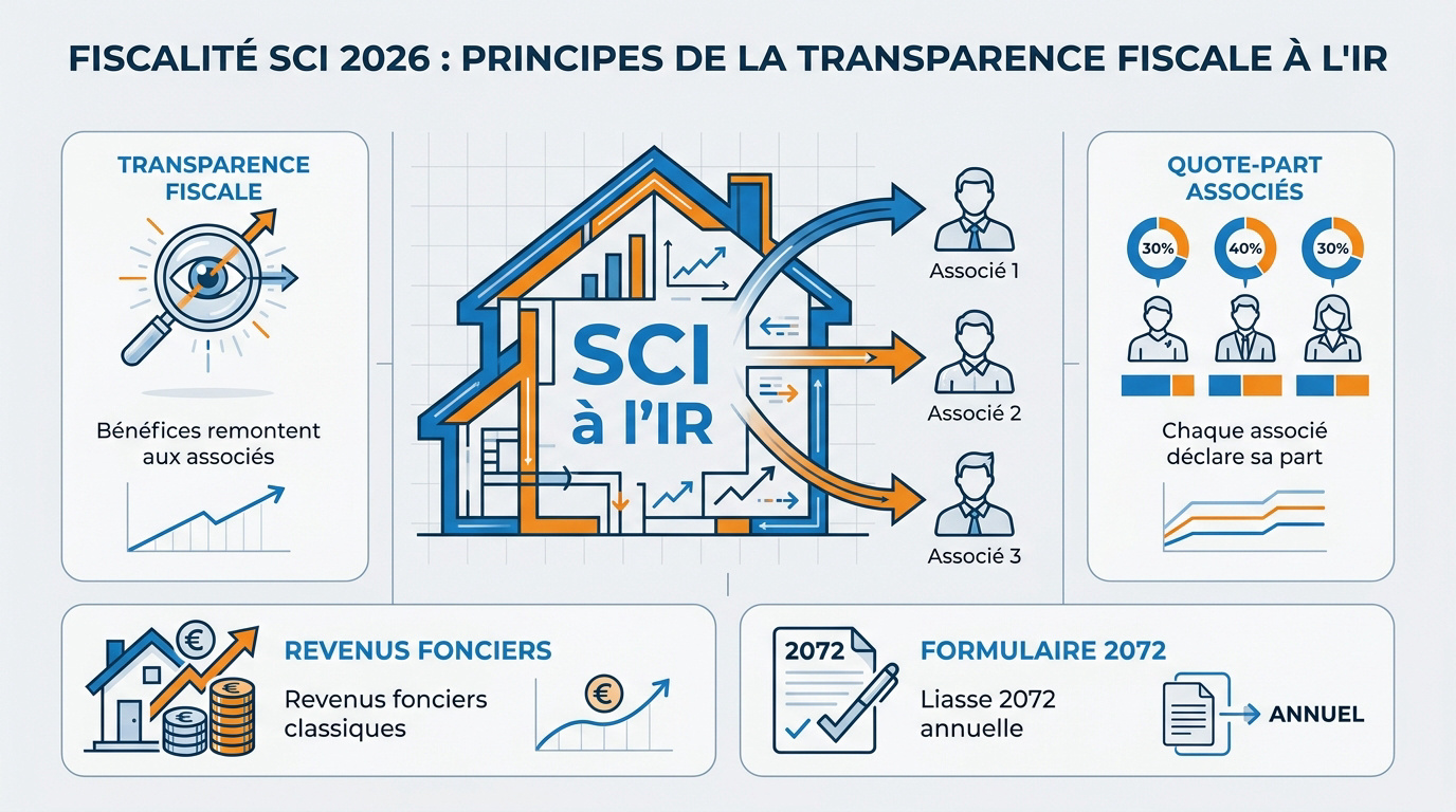Schéma explicatif de la transparence fiscale en SCI pour l'année 2026