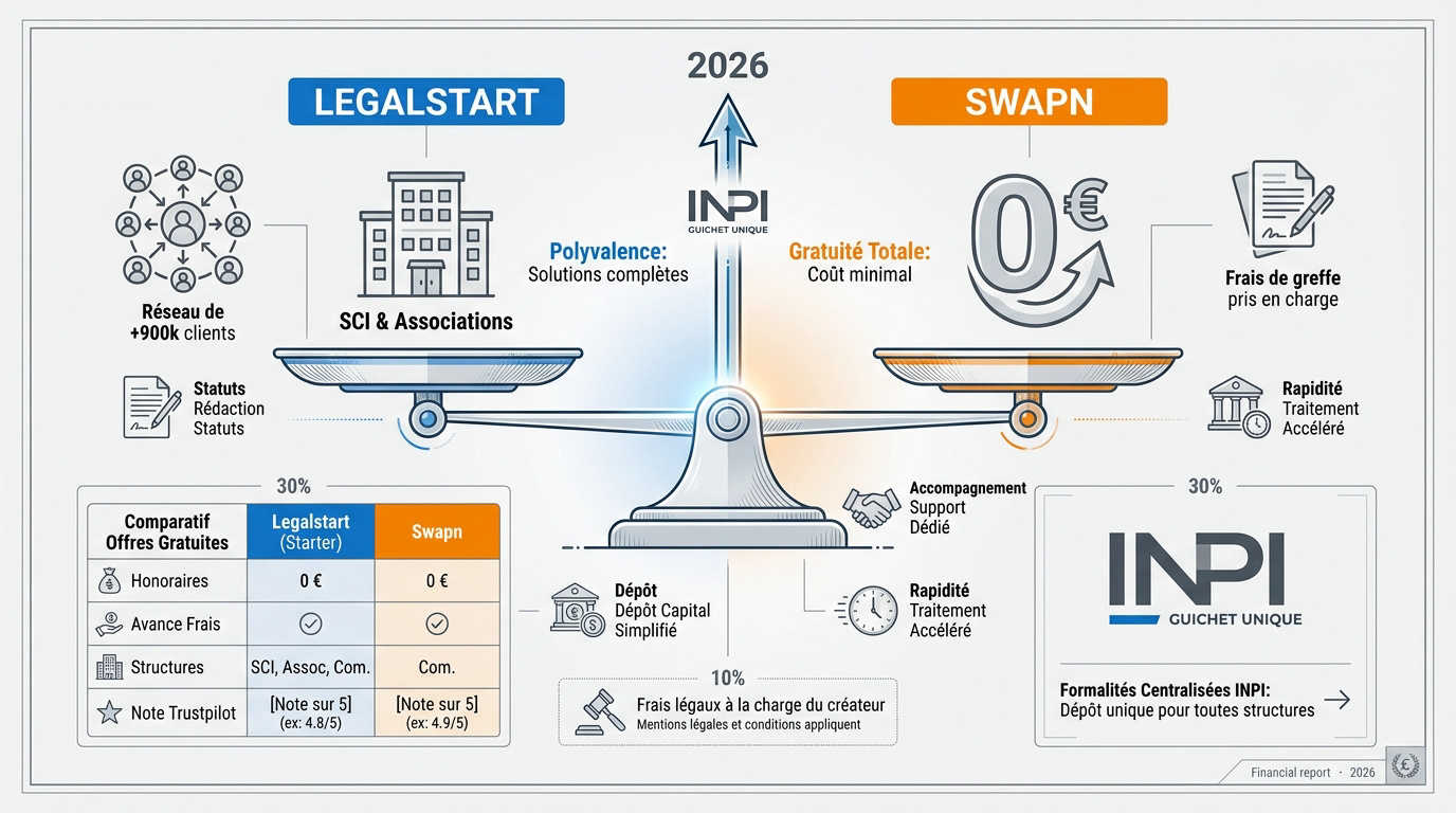 Comparaison des services de création d'entreprise Legalstart et Swapn en 2026