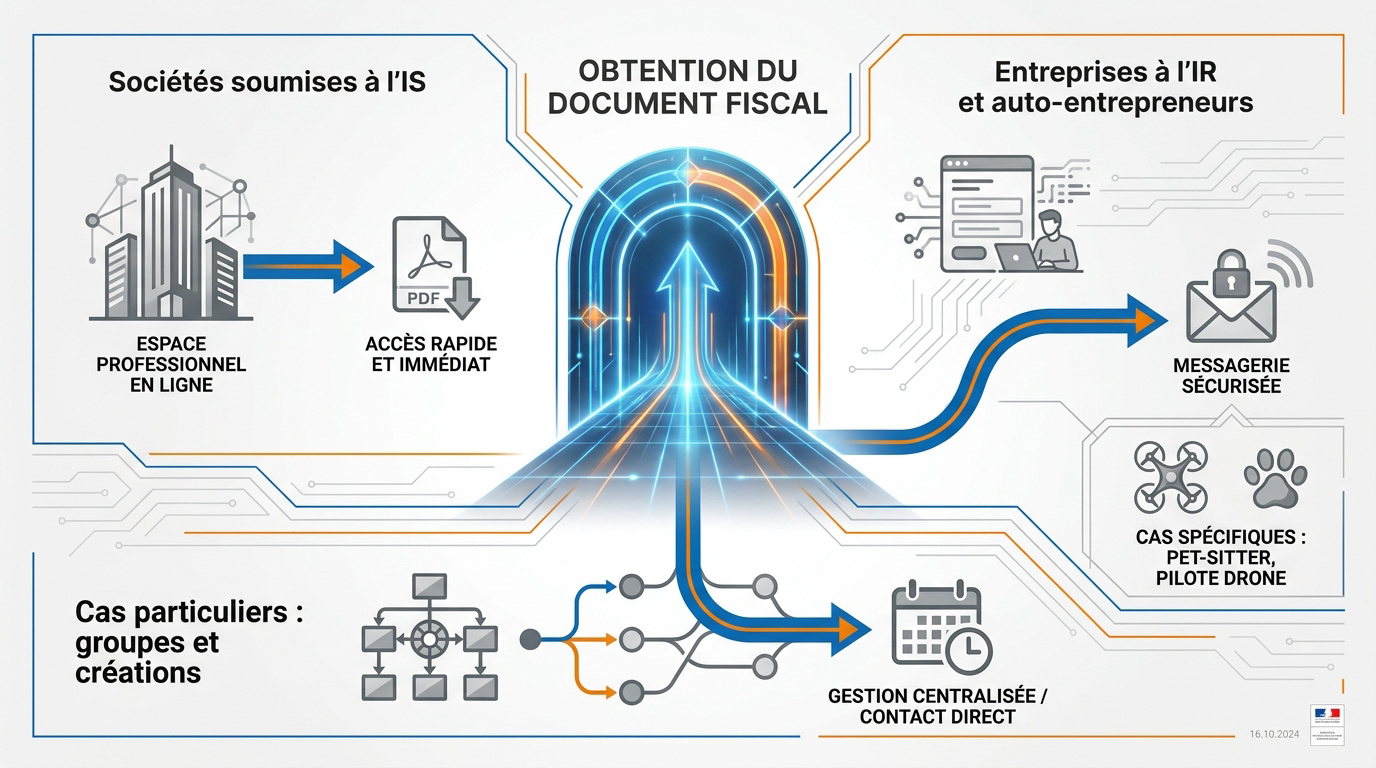 Schéma des démarches pour obtenir une attestation de régularité fiscale selon le régime de l'entreprise