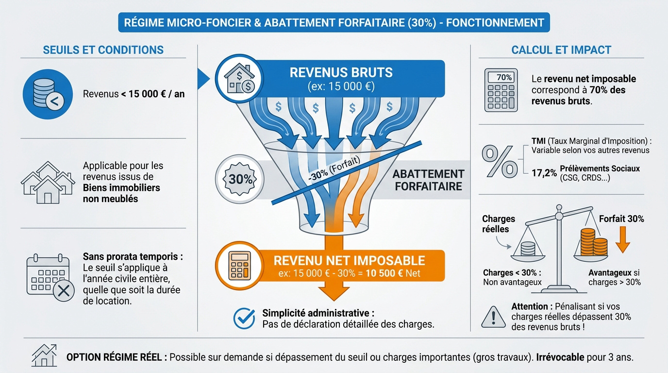 Schéma explicatif du fonctionnement et du calcul de l'abattement micro-foncier pour les revenus locatifs