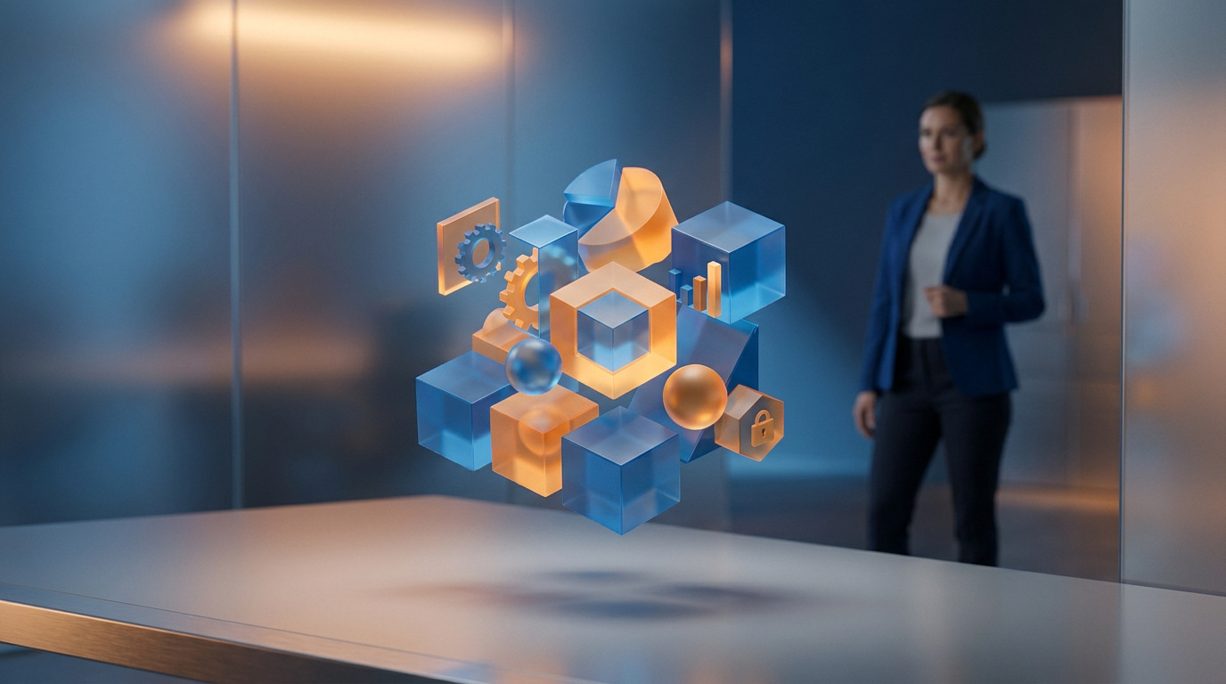 Femme d'affaires observant des formes géométriques 3D flottantes représentant des données et des concepts de gestion.